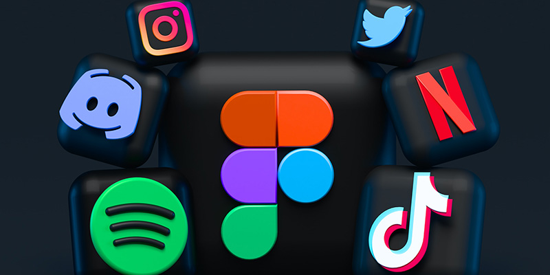 Pictograme animate 3D pentru rețelele sociale TikTok, Instagram, Spotify, Discord, Netflix și Twitter pe fundal negru