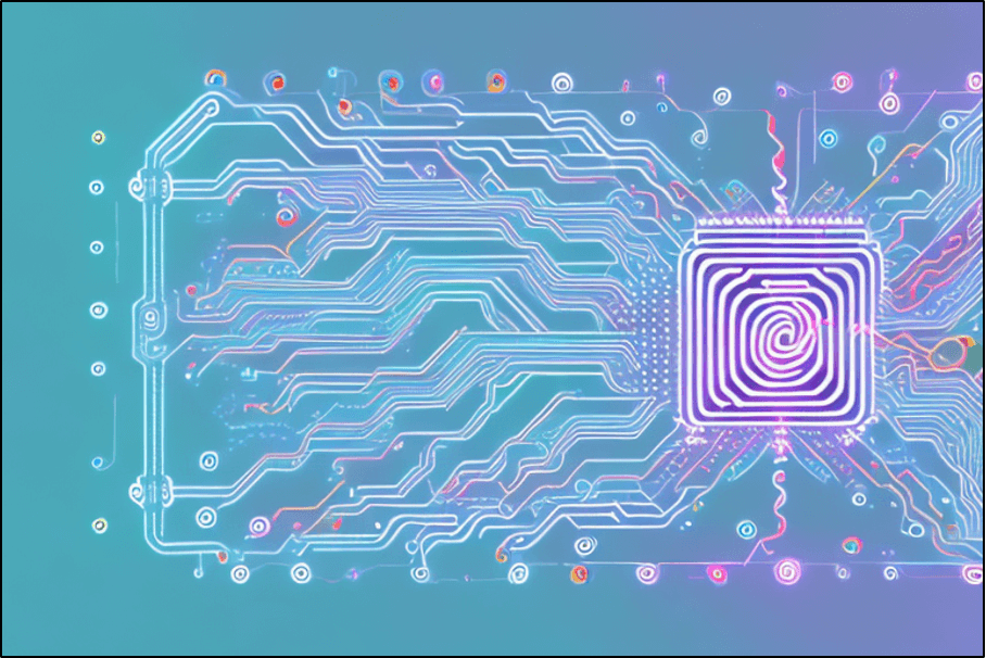 回路と CPU を描いたネオンカラーのアート