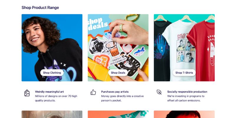 screenshot della pagina dello shopping di redbubble