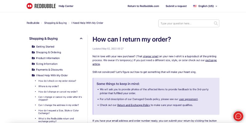 Screenshot der Seite „Returns“ von redbubble