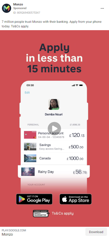 لقطة من إعلان Monzo من Facebook