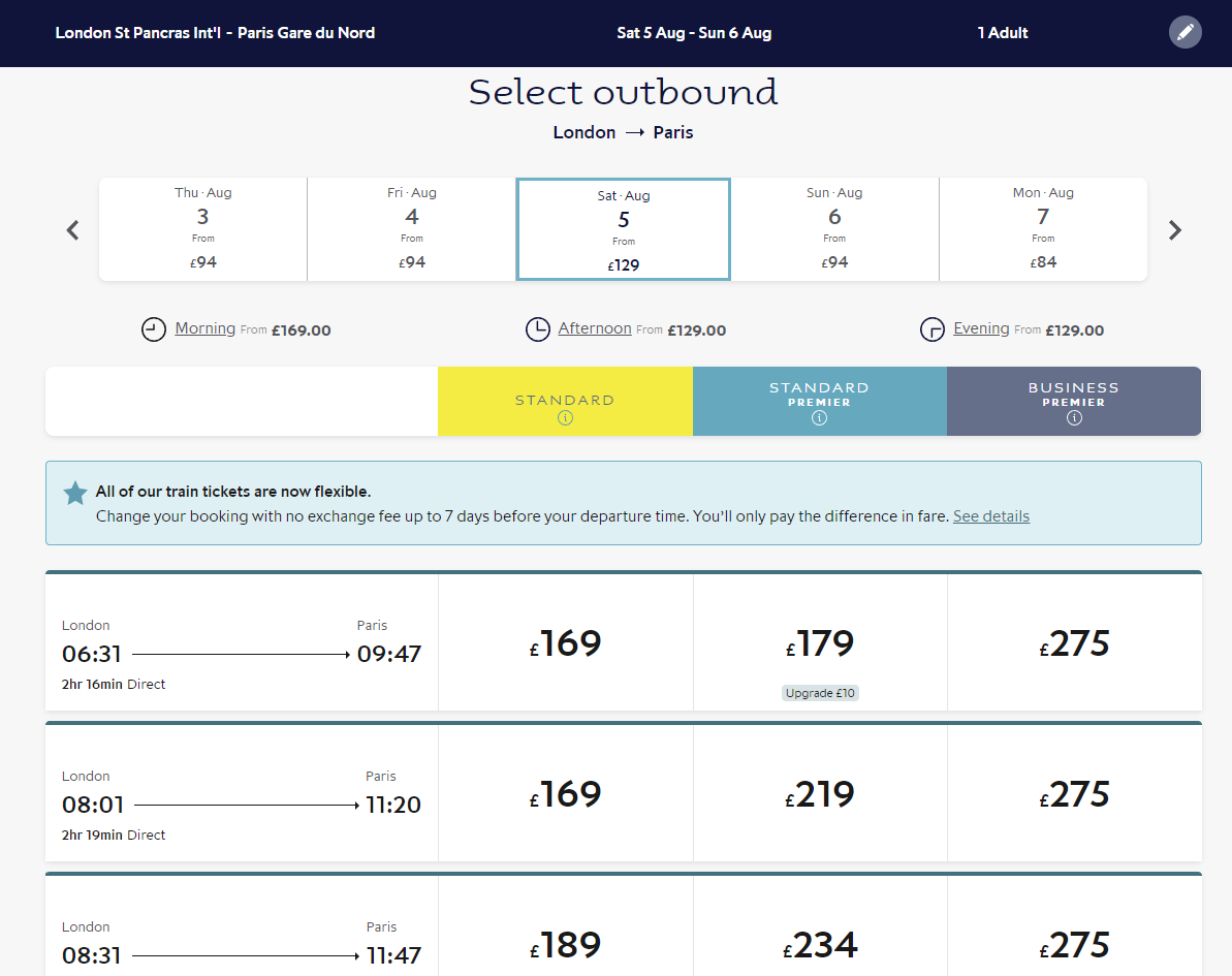 لقطة شاشة لصفحة أسعار Eurostar