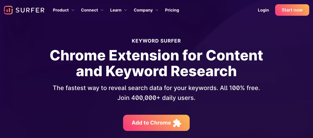 Immagine della landing page di Keyword Surfer