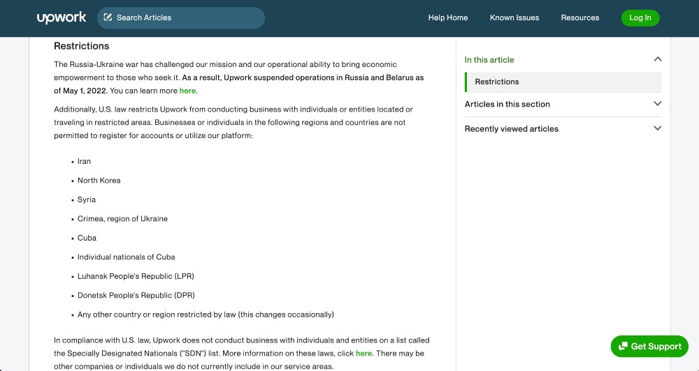 Upwork 국가 제한 스크린샷