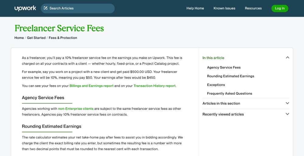 Upwork Freelancer 서비스 수수료 스크린샷