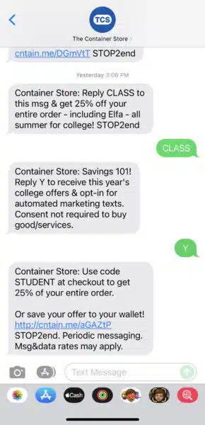 Captură de ecran pentru campania SMS Container Store 290x600