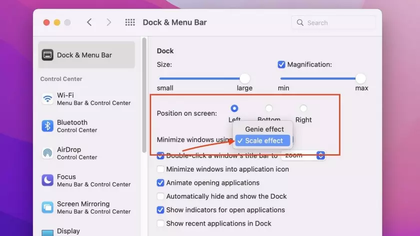 Alterando o efeito de minimização nas configurações do MacOS Dock.