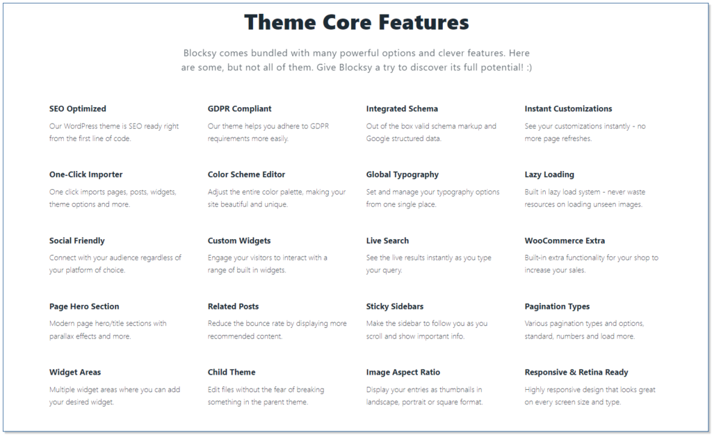 blocksy theme core features