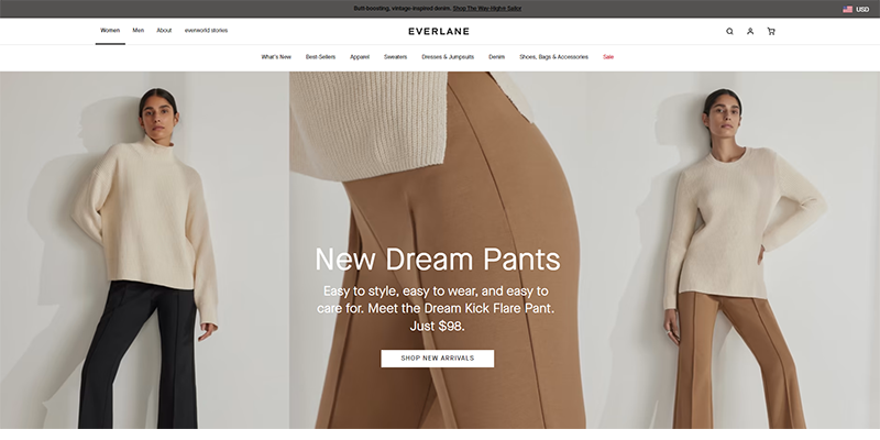 الصفحة الرئيسية لـ Everlane