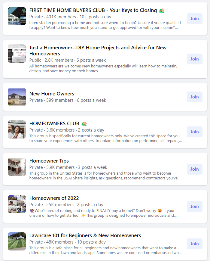 Screenshot von Facebook-Gruppen, die sich an neue Hausbesitzer richten