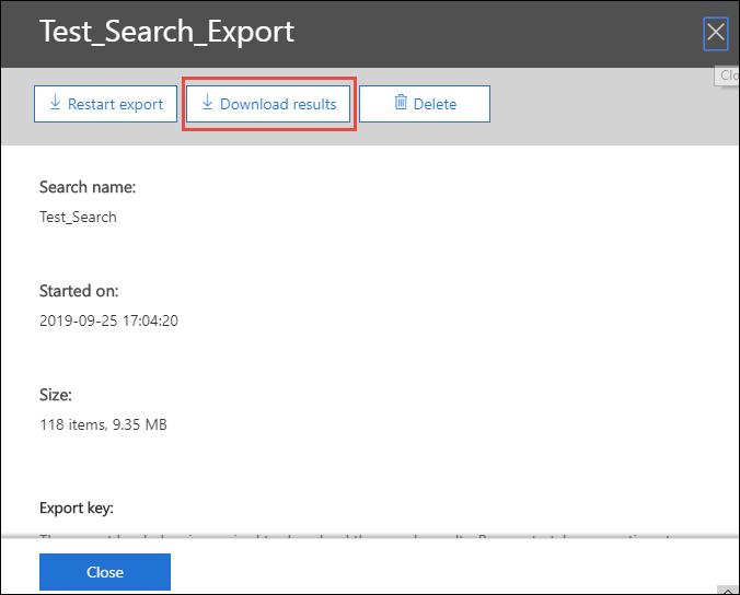 Presione los resultados de descarga y copie la clave de exportación.