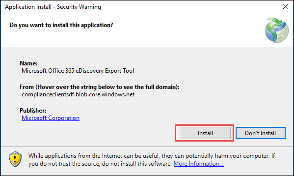 Haga clic en el botón Instalar para descargar la herramienta eDiscovery Export.