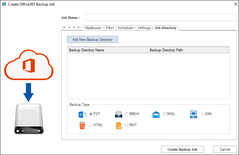 Haga clic en PST desde las opciones de formatos de archivo para exportar el buzón de correo de Office 365 al tipo de archivo PST. Luego, presione la opción Crear trabajo de copia de seguridad.