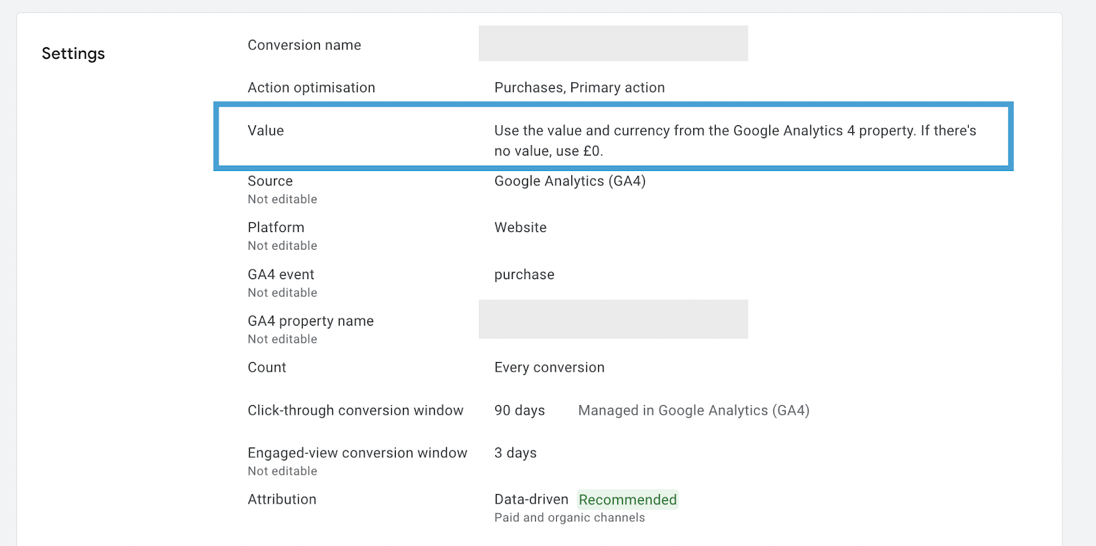 Impostazioni dei valori di Google Analytics