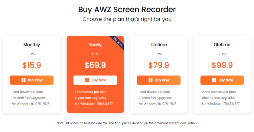 Captura de pantalla de precios de AWZ Screen Recorder.