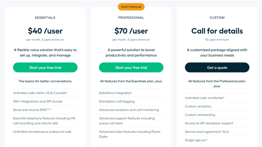 Una tabla de captura de pantalla que muestra diferentes planes y opciones de precios para el sistema telefónico empresarial en la nube y el software de centro de llamadas de Aircall.