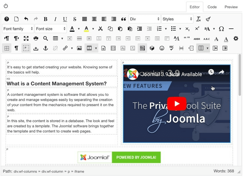 Captura de pantalla del editor JCE para Joomla