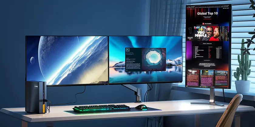 ACEMAGIC AD15 Mini PC 4K Pantalla de triple monitor.