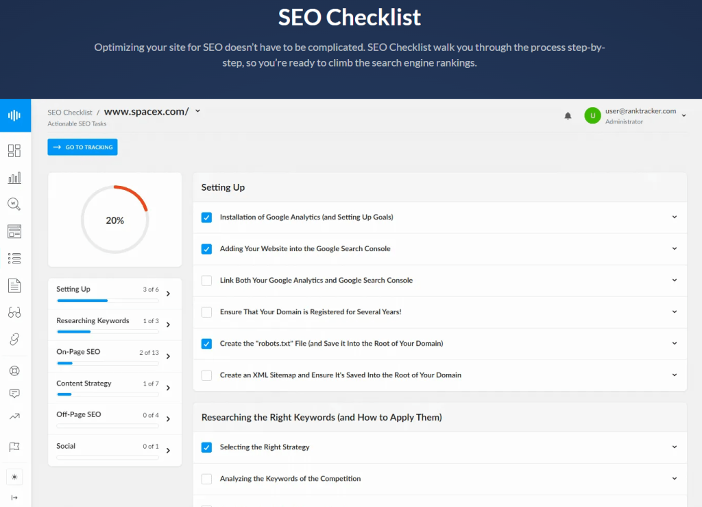 Lista de verificación de SEO del kit de herramientas de Ranktracker