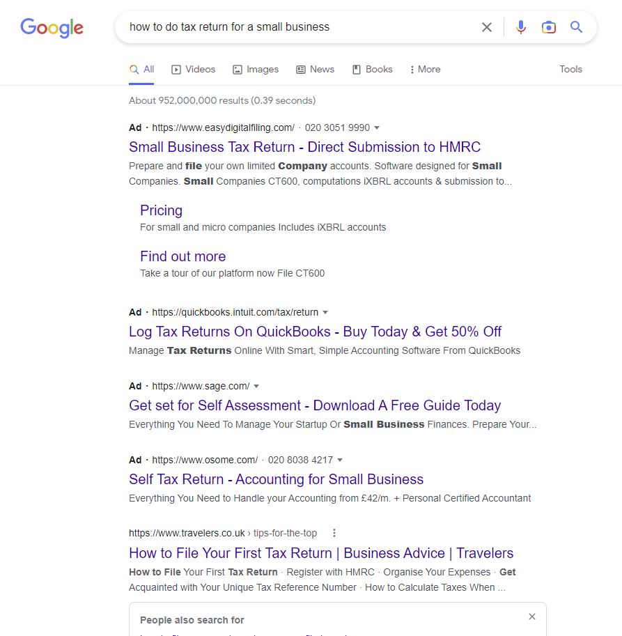 谷歌搜尋「如何為小型企業辦理報稅表」的螢幕截圖
