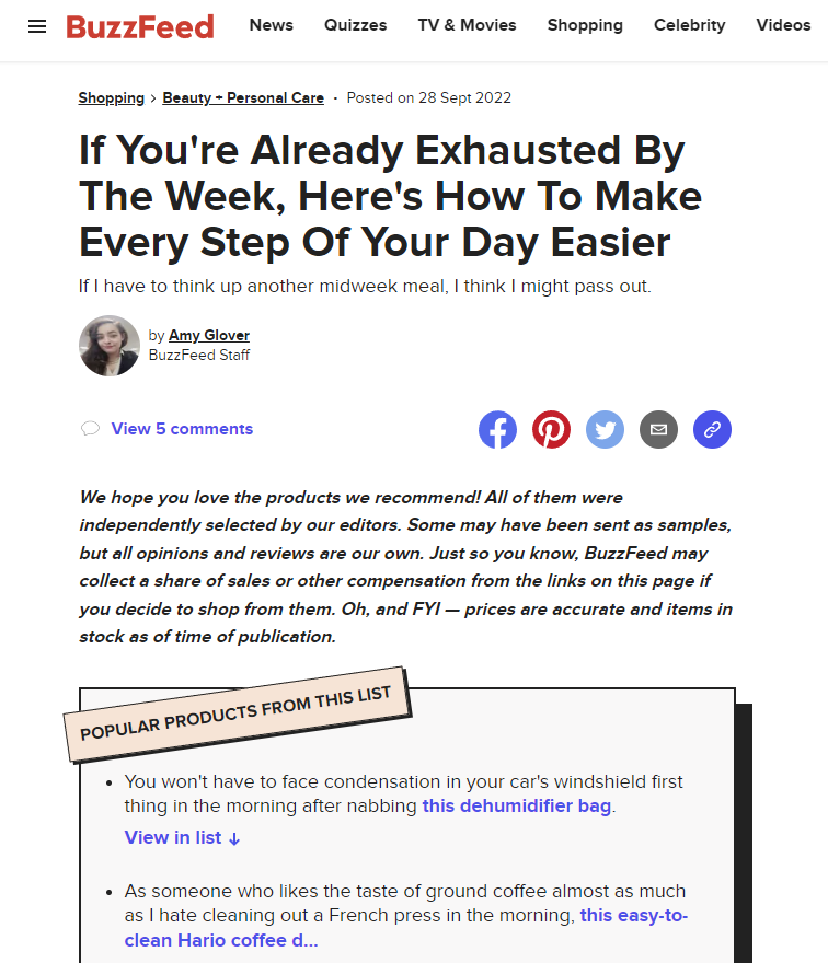 BuzzFeed によるアフィリエイト マーケティング ブログのスクリーンショット