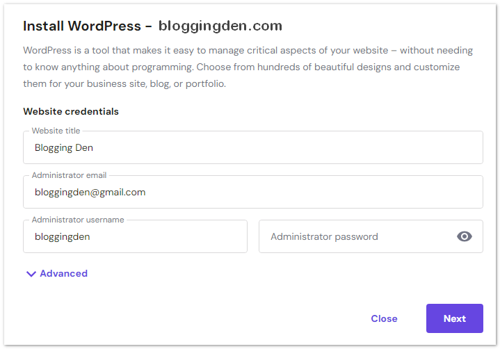 install wordpress - website credentials