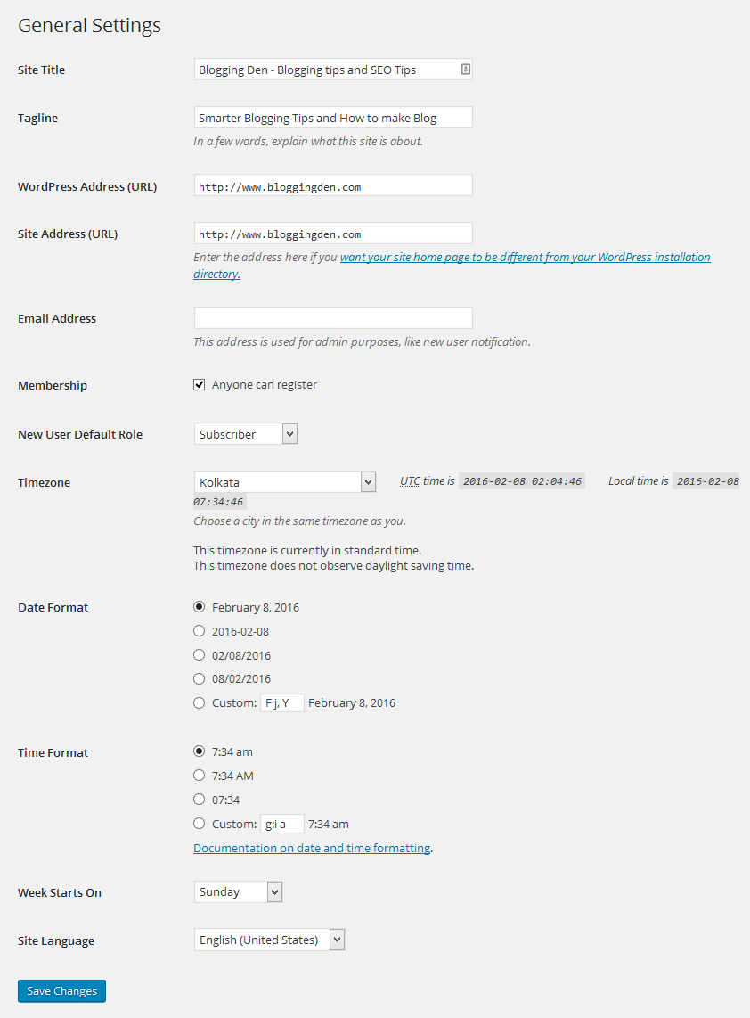 General settings in wordpress dashboard