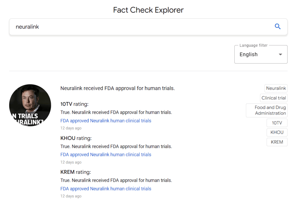 Проверка фактов Google о том, что Neulink одобрен FDA для испытаний на людях