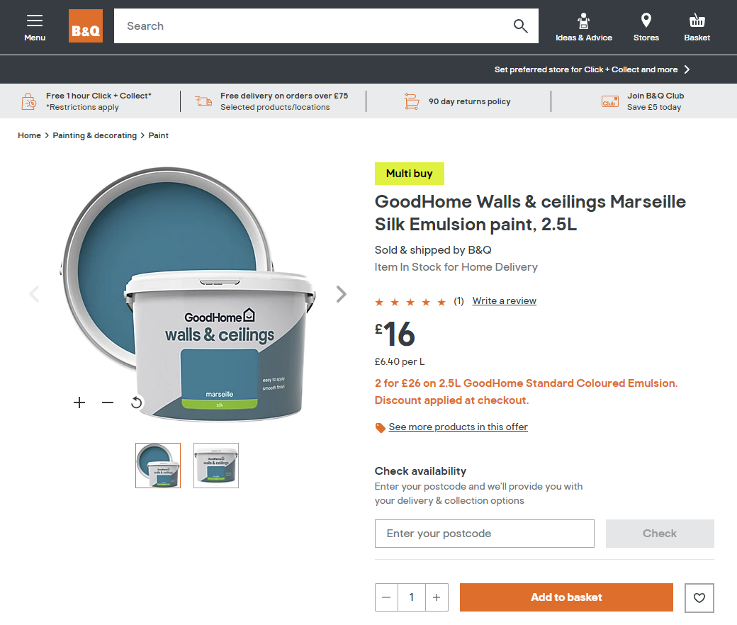 Captura de pantalla de la página de un producto en el sitio web de B&Q