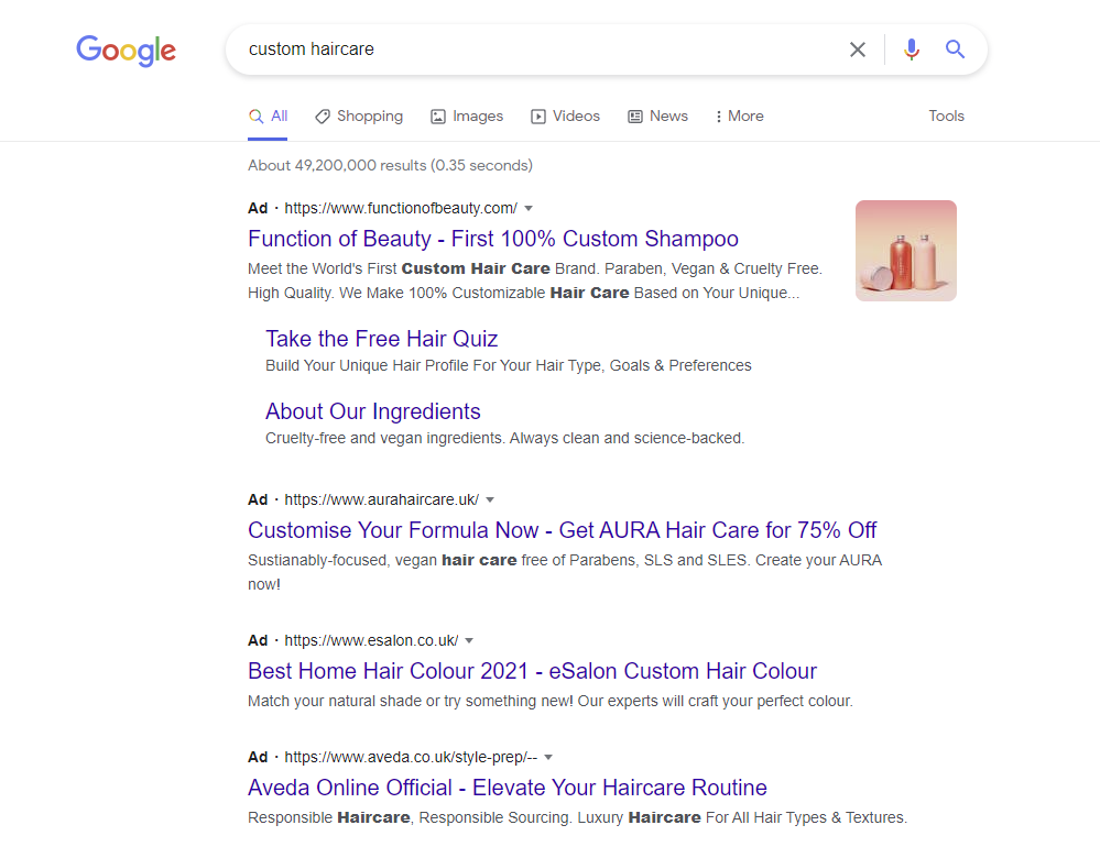 Tangkapan layar Hasil Penelusuran Google untuk "perawatan rambut khusus"