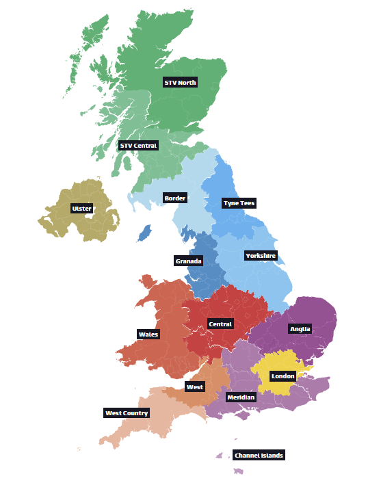 Peta Inggris Raya dibagi menjadi beberapa wilayah tempat ITV dapat menjalankan iklan bertarget