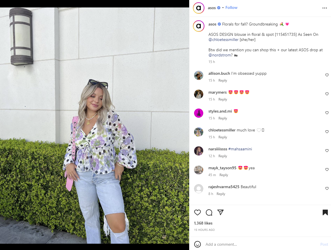 Contoh postingan Instagram oleh ASOS.