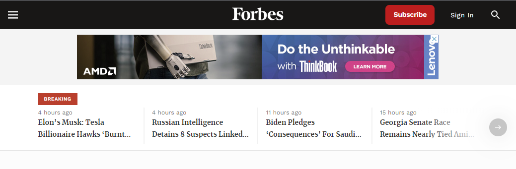 Captura de pantalla de un anuncio publicitario en el sitio web de Forbes