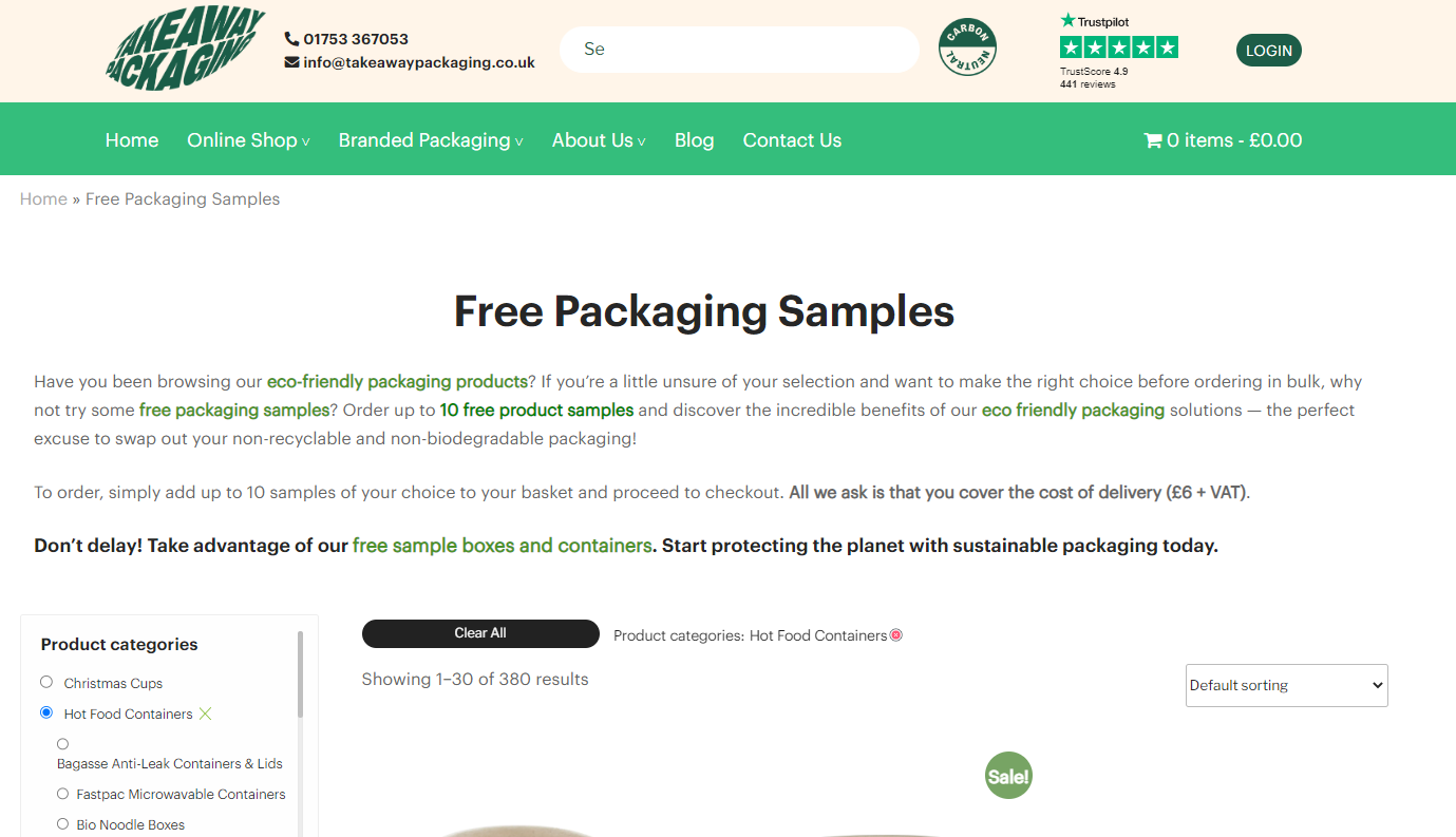 Screenshot von kostenlosen Mustern auf der Website von Takeaway Packaging