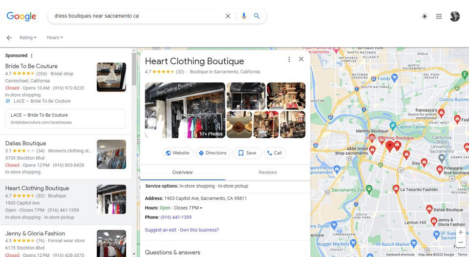 รายการ GBP สำหรับ Heart Clothing Boutique ในซาคราเมนโต