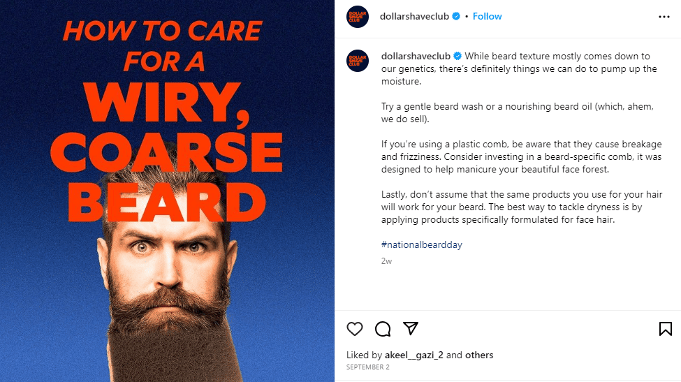 Post Instagram du Dollar Shave Club sur la façon de prendre soin d'une barbe grossière - ludo-éducatif