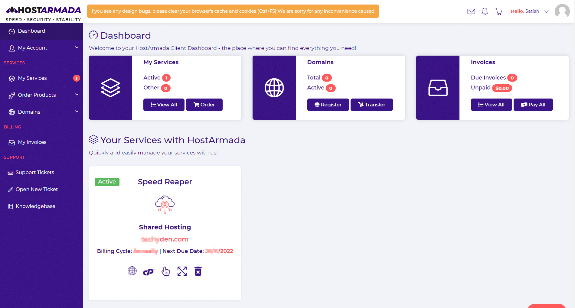 hostarmada account dashboard