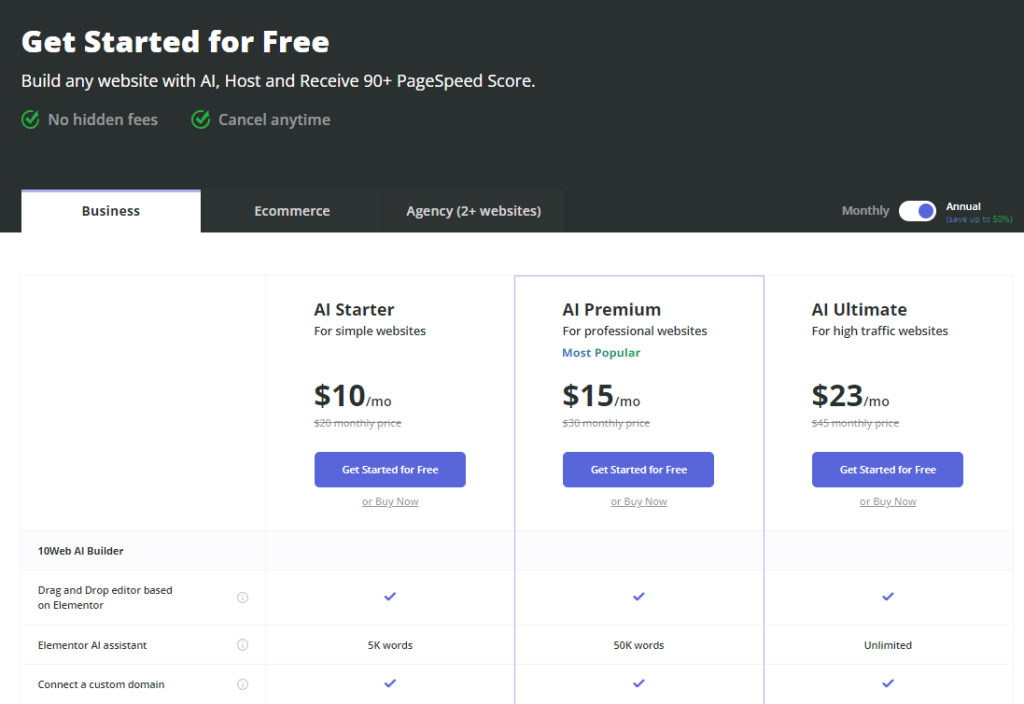 10Planos de preços do Web AI Builder