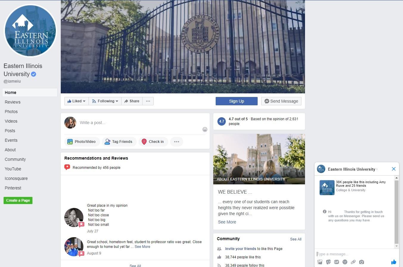 イースタンイリノイ大学は、Facebookページを介して接続するための多くの方法を見込み客に提供しています