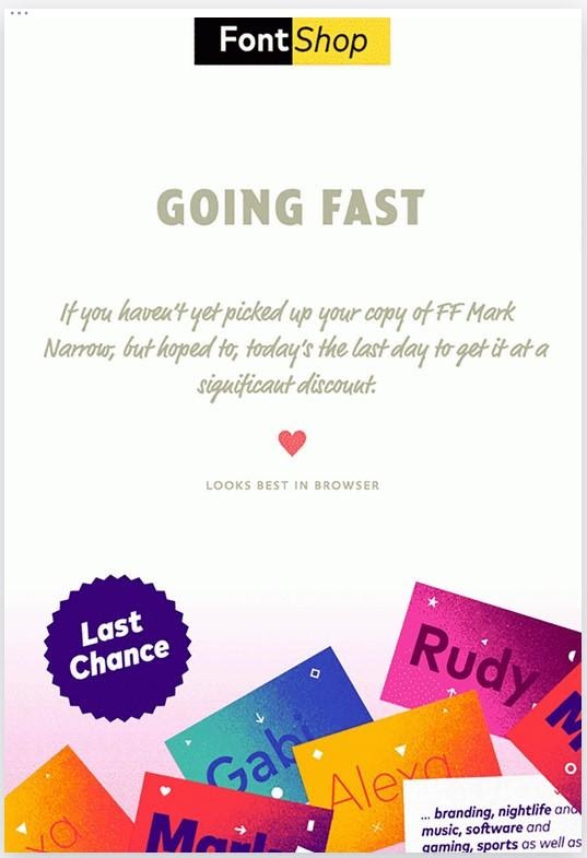 FontShopは、「速く進む」や「最後のチャンス」などのフレーズを利用して、フォントフェースのコピーをダウンロードするように人々を促します。