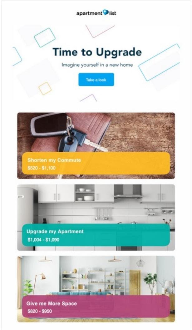 シンプルなメールデザインから始めて、メッセージの主要な機能にポップなトーンを追加します。アパートリストからこの例を見てください。
