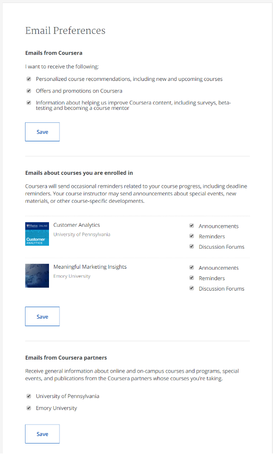 contoh pusat preferensi dari Coursera