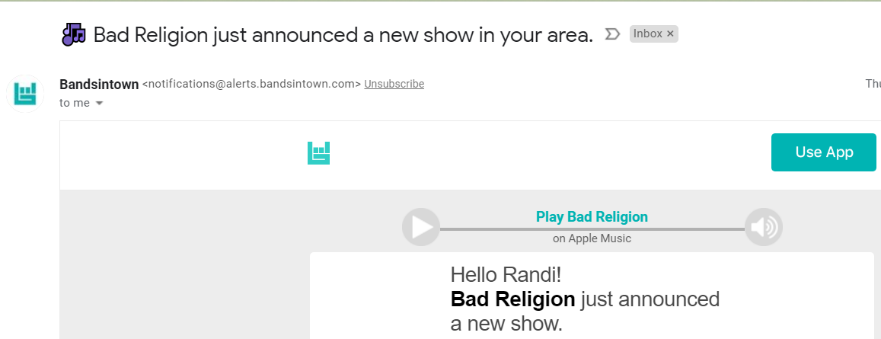 Esempio di email di Bandsintown