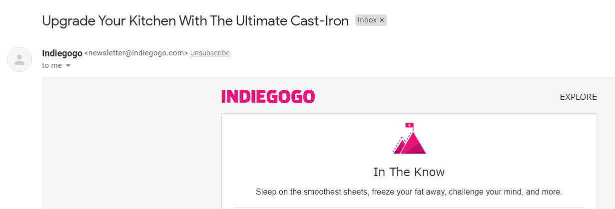 Esempio di email Indiegogo