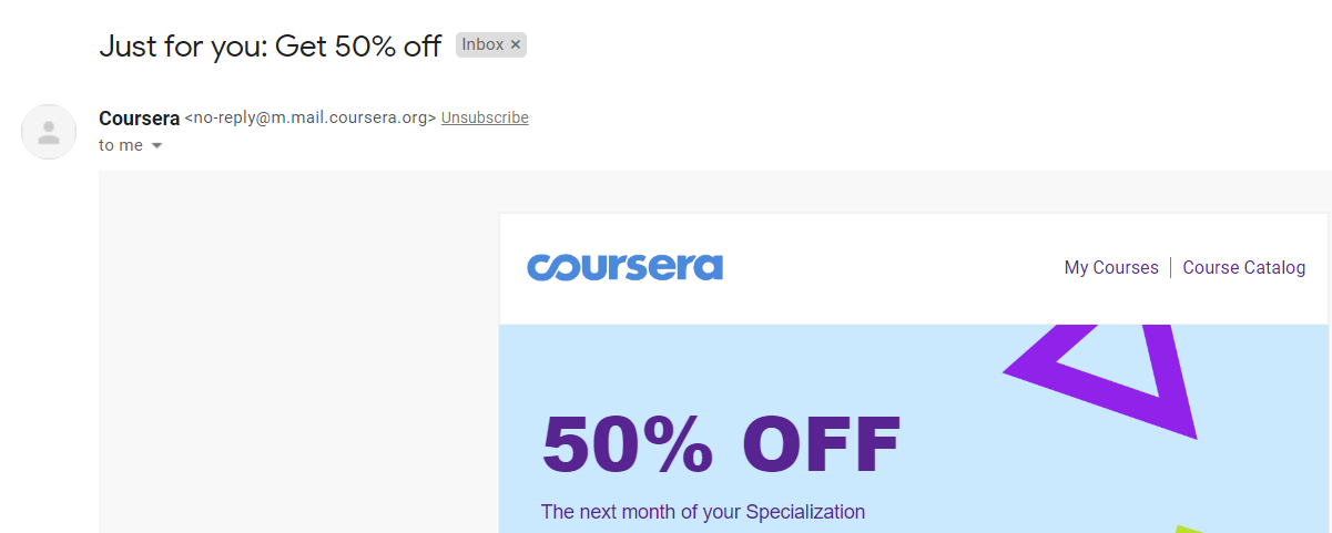 Esempio di email di Coursera