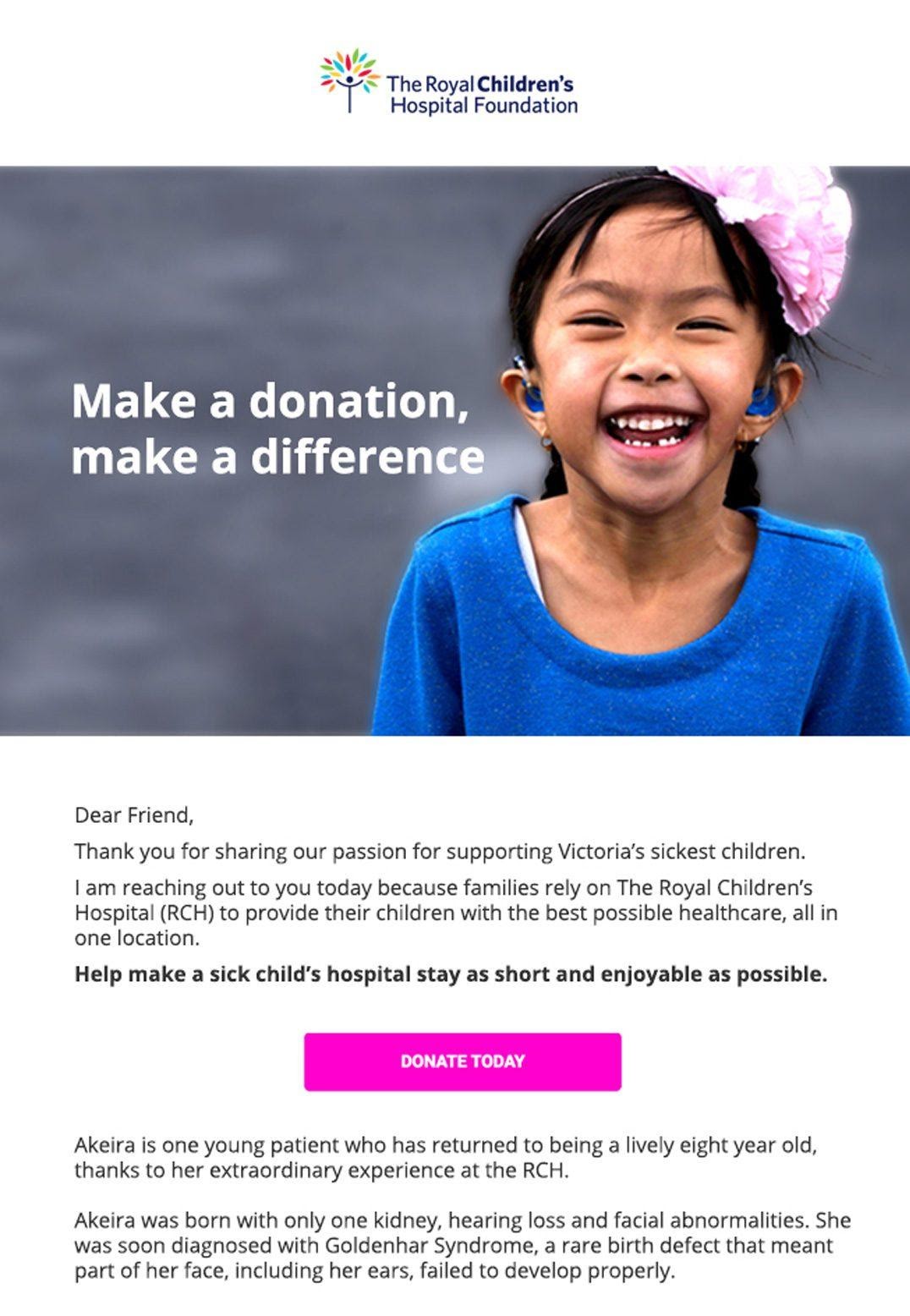 Exemplo de e-mail da Royal Children's Hospital Foundation