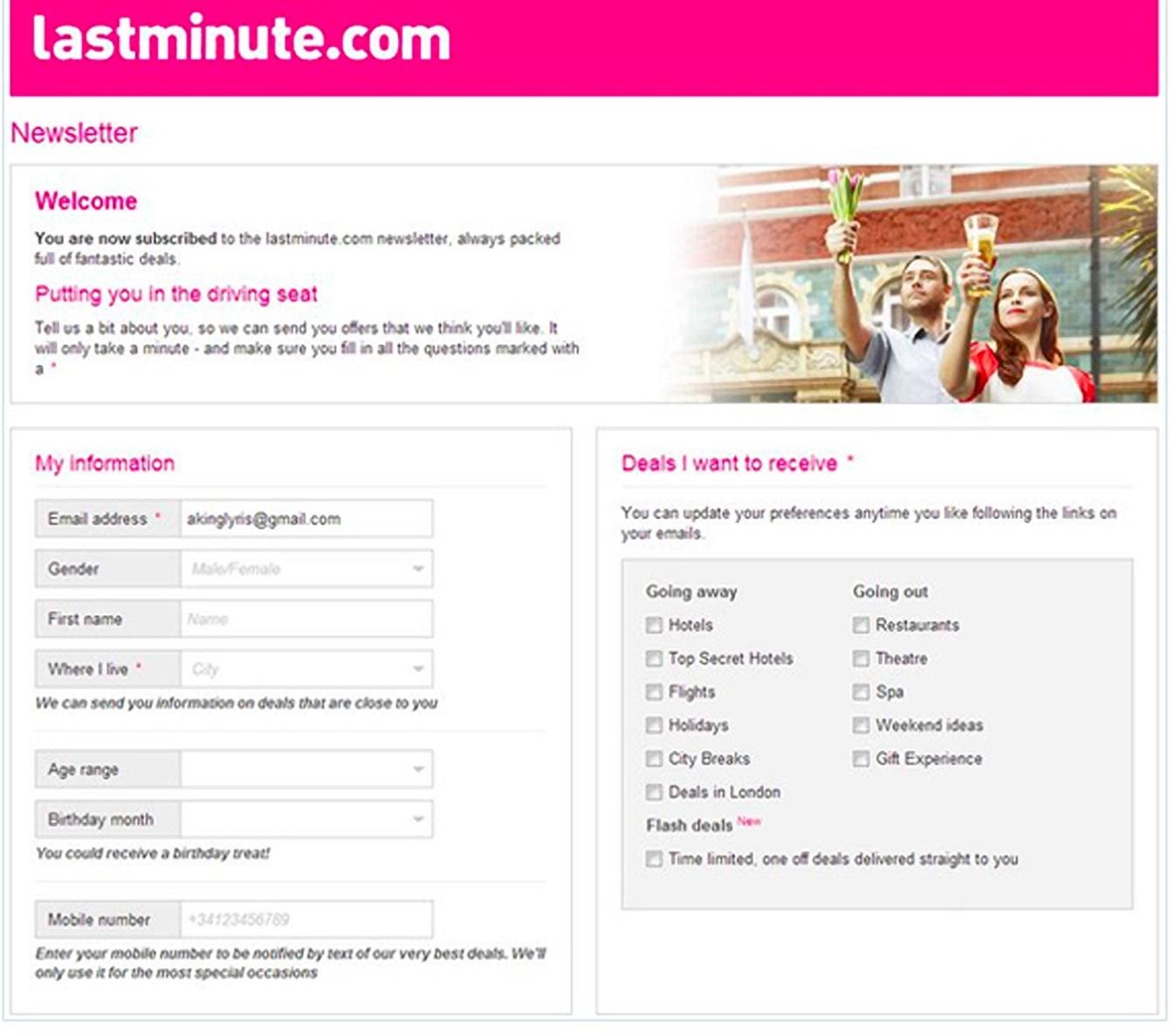 exemplo de e-mail lastminute.com