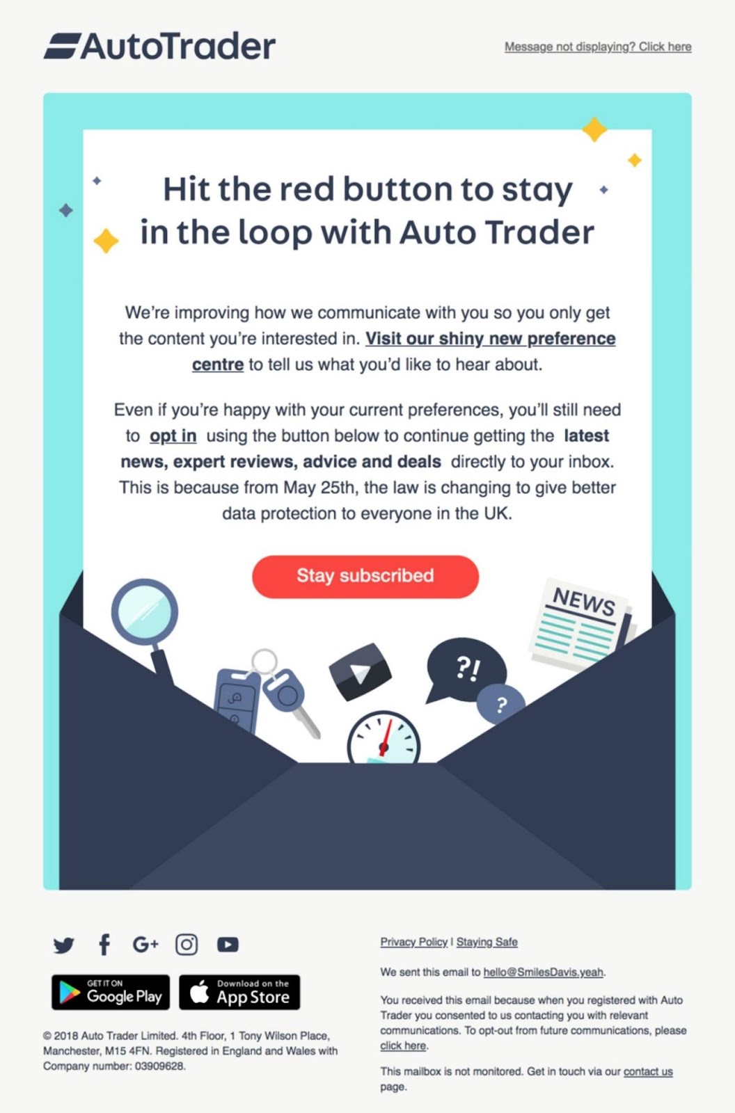 Exemplo de e-mail do AutoTrader perguntando aos usuários se eles gostariam de cancelar a assinatura