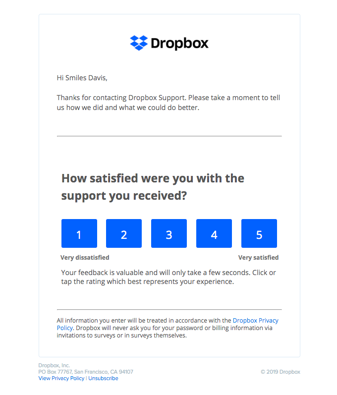 Przykładowy e-mail z opiniami dropbox